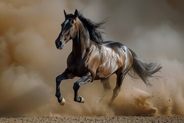 A powerful horse galloping through dust, showcasing strength and grace.