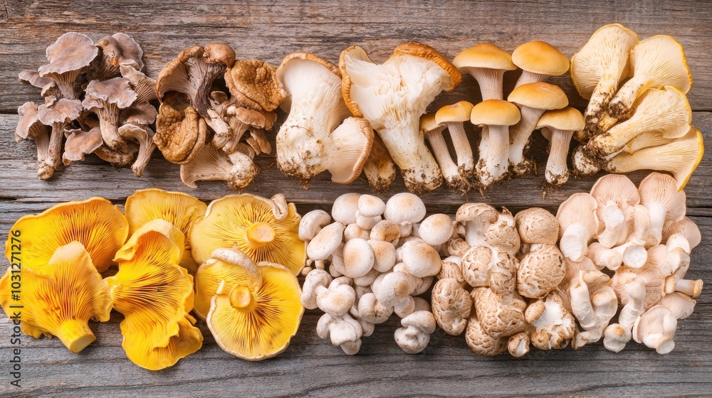 Poster a collection of various types of mushrooms arranged in rows on a rustic wooden surface.