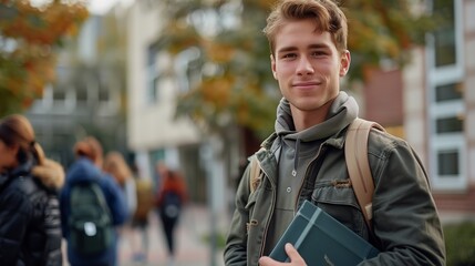 Fototapeta premium A handsome young man stands outside the university, holding books and smiling at the camera with students walking behind him, wearing casual