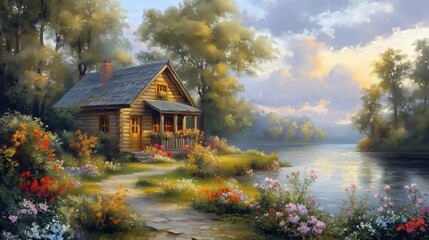 Summer landscape with wooden old house oil painting on canvas