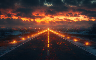 Fototapeta premium Nocturnal Runway: Illuminated Night Sky Over Dark Asphalt