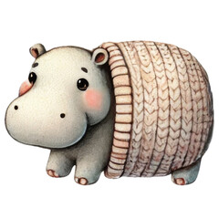 Cartoon hippo wearing a cozy scarf. Watercolor illustration with white border isolated on transparent background.