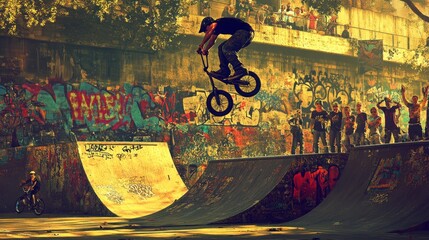 Naklejka premium A BMX rider performs a trick in a skate park, with a crowd watching.