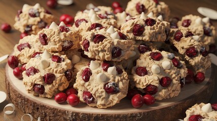 Fototapeta premium Close-up of round golden-brown cookies with cranberries on top
