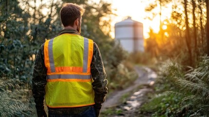 A man in a yellow safety vest walks on a path through a forest with a large tank in the distance. The sun is setting behind the trees, casting a warm glow on the scene.