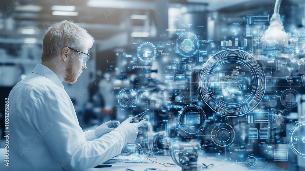 Poster a widescreen graphic for a slide depicting images of engineering, creating new products, and the pro