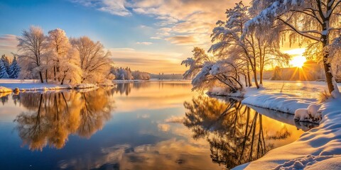 Beautiful Winter Landscape at Sunrise with Snowy Trees and Icy Lakeside - Nature Photography