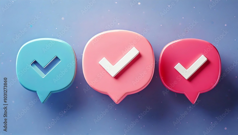 Poster three colorful chat bubbles with checkmarks symbolize approval and communication in a digital settin