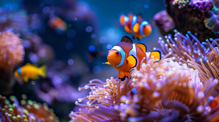 Clownfish swimming among vibrant corals in a colorful underwater reef environment