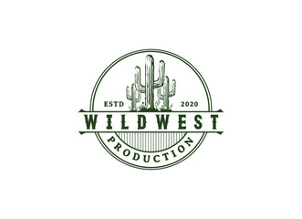 Vintage Cactus logo design. Wild Cacti Saguaro Cactus and Ocotillo grass on Western Texas Desert Landscape for Vintage Wild West Nature Logo Design