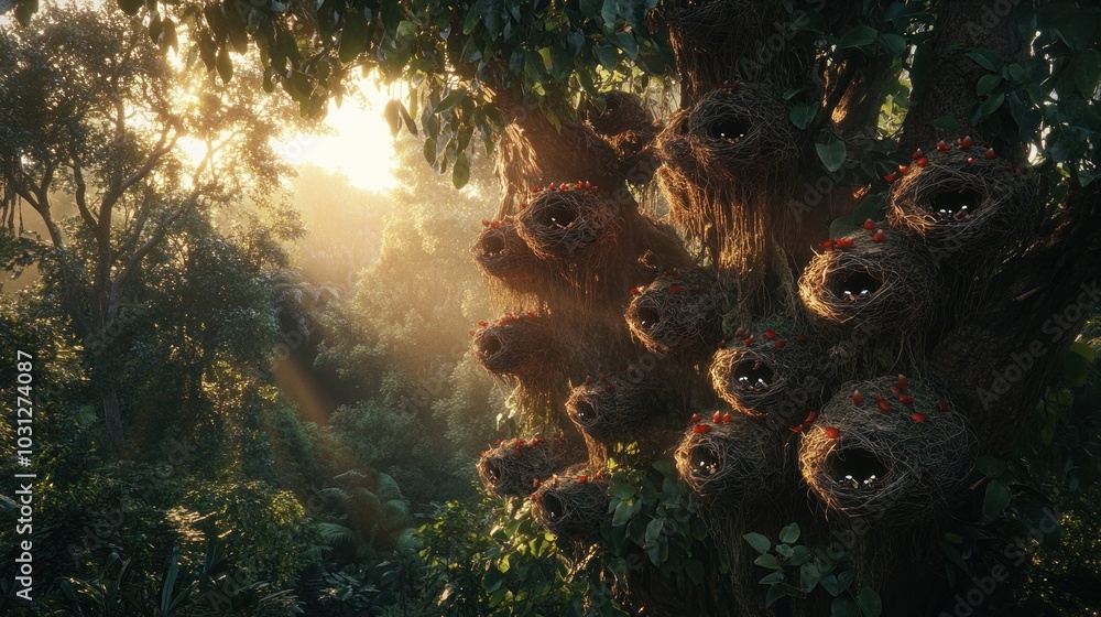 Poster a large tree with many bird nests in the branches, sunlight shines through the leaves in the backgro