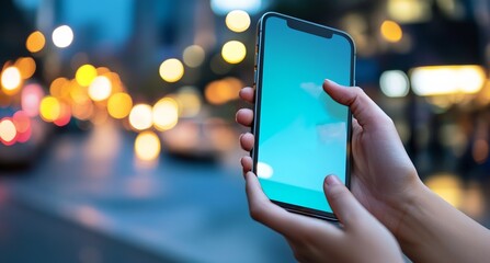  Close-up of hands holding an Phone with blurred city lights in the background, showcasing mobile device interaction for business or social media in a modern urban setting