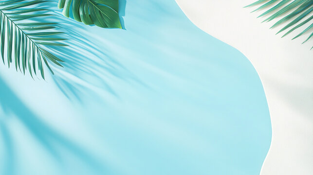 3d render of palm leaf on beautiful beach with clear sea water, poster for cosmetics and beauty