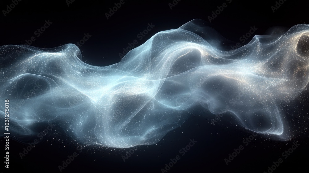 Poster ethereal wave of light and particles in a dark background.