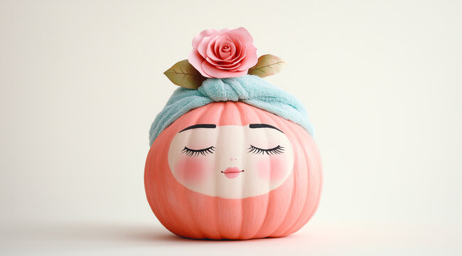 Thanksgiving cosmetologist treatment, beautician salon cosmetics advertisement with copy space  Beauty retreat pumpkin with face mask at autumn spa relaxation resort. 