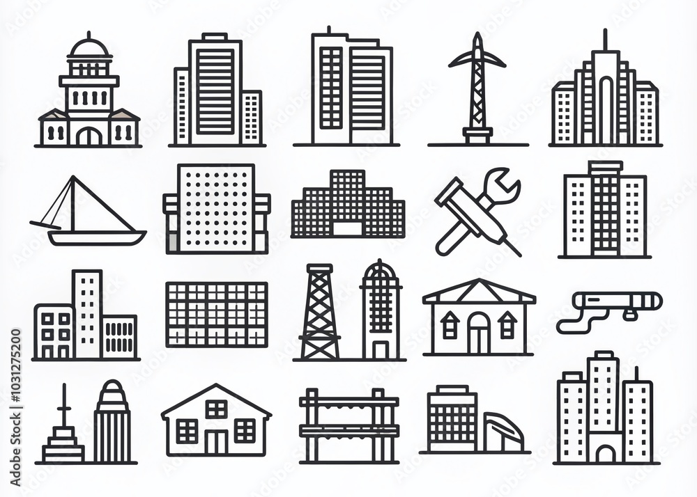 Aufkleber black and white building icons vector set for modern design and architecture projects