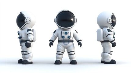 Naklejka premium A set of cartoon astronaut illustrations showcasing three different perspectives: front view, side view, and back view. Each illustration captures the playful and fun essence of an astronaut