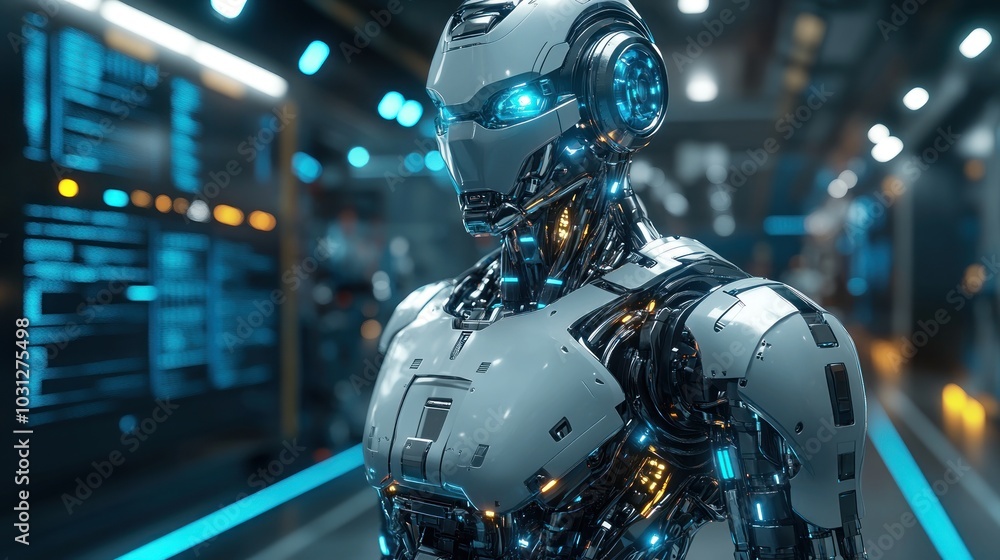 Poster futuristic humanoid robot with glowing features in a tech environment.