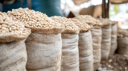 Obraz premium Baskets of Raw Legumes at Market Stall