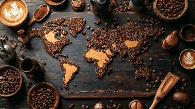Global world map made from coffee bean in wooden table  