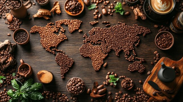 Global world map made from coffee bean in wooden table  