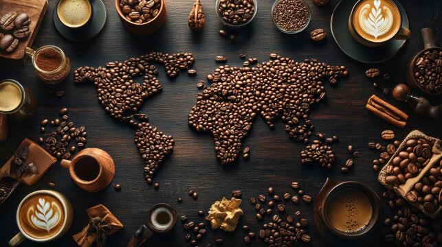Global world map made from coffee bean in wooden table  