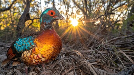 A colorful pheasant stands in a forest with the sun shining in the background.