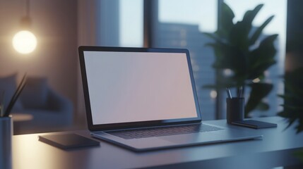 Fototapeta premium Modern laptop with blank screen on a sleek office desk.