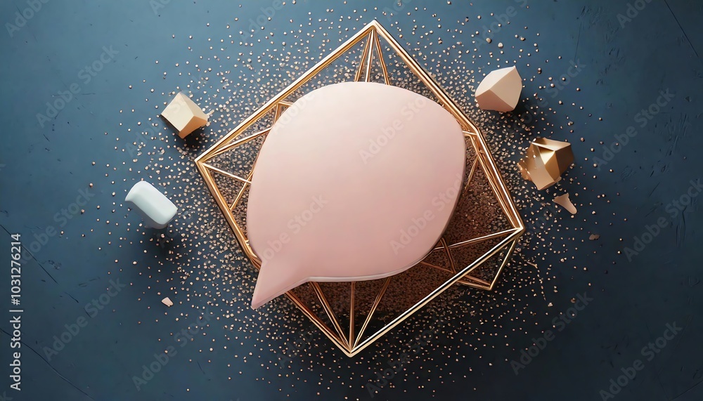 Poster a soft pink object on a geometric gold structure surrounded by sparkles against a dark background.