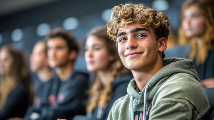 A group of enthusiastic students animatedly discussing topics in class, highlighting a cheerful young man immersed in learning.
