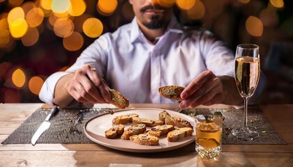 Faceless man eat Cantucci in restaurant with bokeh background. Italian Food.