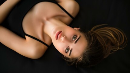 Naklejka premium A stunning young woman reclines on a sleek black backdrop, showcasing vibrant hues in this arresting photo.