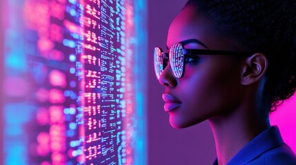 A skilled African American IT specialist examines advanced holographic data to enhance cybersecurity in a futuristic setting.