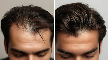 Comparison of hair restoration results on a man's scalp.