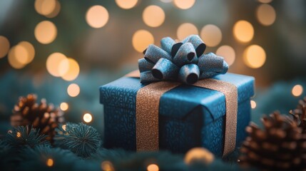 A blue gift box with a gold ribbon and bow sits on a green surface surrounded by pine branches and pine cones, with warm bokeh lights in the background.