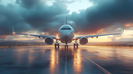 A plane on a runway at sunset, reflecting light on wet pavement.