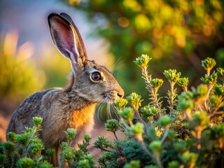 Obraz premium Black-tailed Jackrabbit Sniffing Bush in Natural Habitat - Wildlife Photography