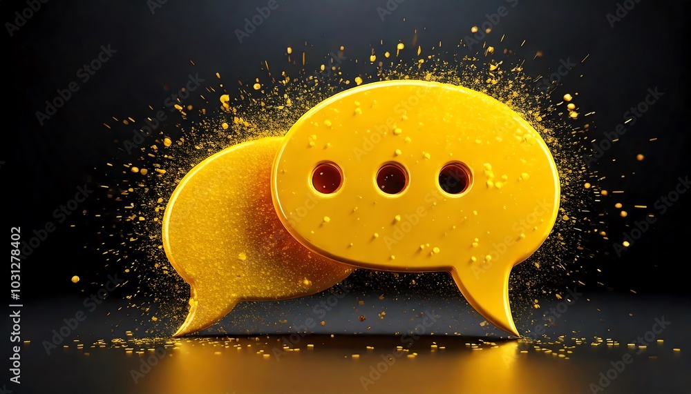 Poster two yellow speech bubbles explode with vibrant particles, representing communication, conversation, 