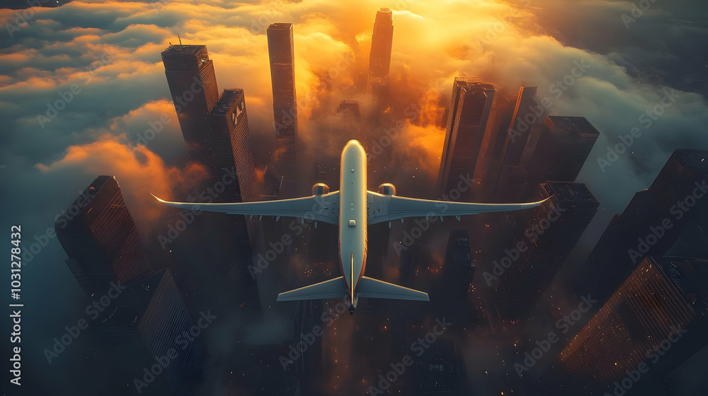 Wall mural Aerial view of an airplane flying over a city at sunset.