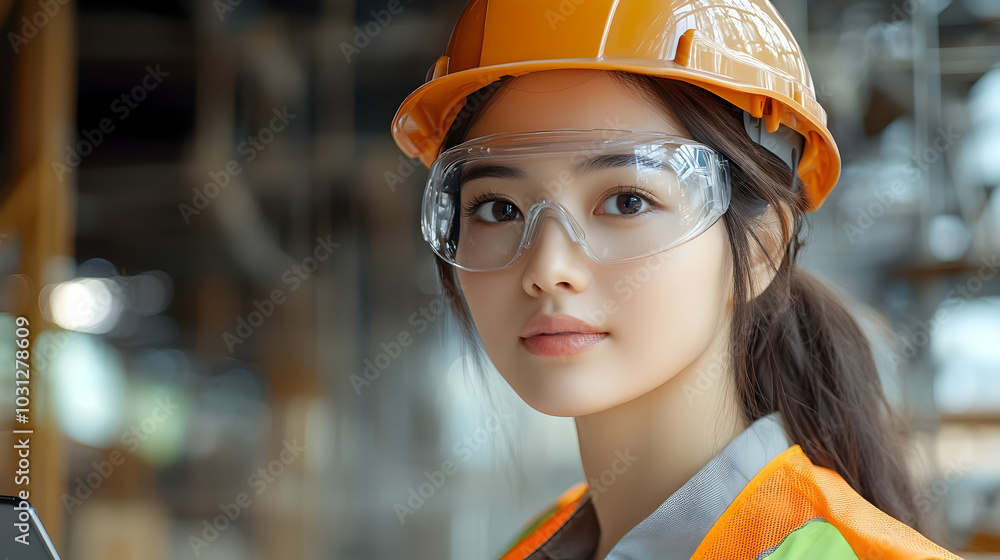 Wall mural A young woman in safety gear at a construction site.