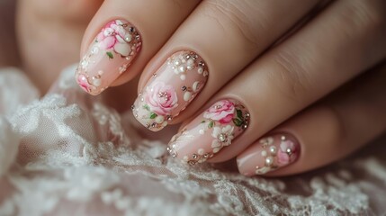 Closeup of a woman's hand with delicate pink floral nail art and pearls.