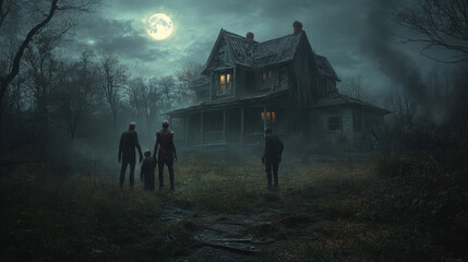 In the overgrown yard of a haunted house, a terrifying dead family stands together, their decayed faces glowing faintly in the moonlight, while shadows stretch from the broken windows behind them.