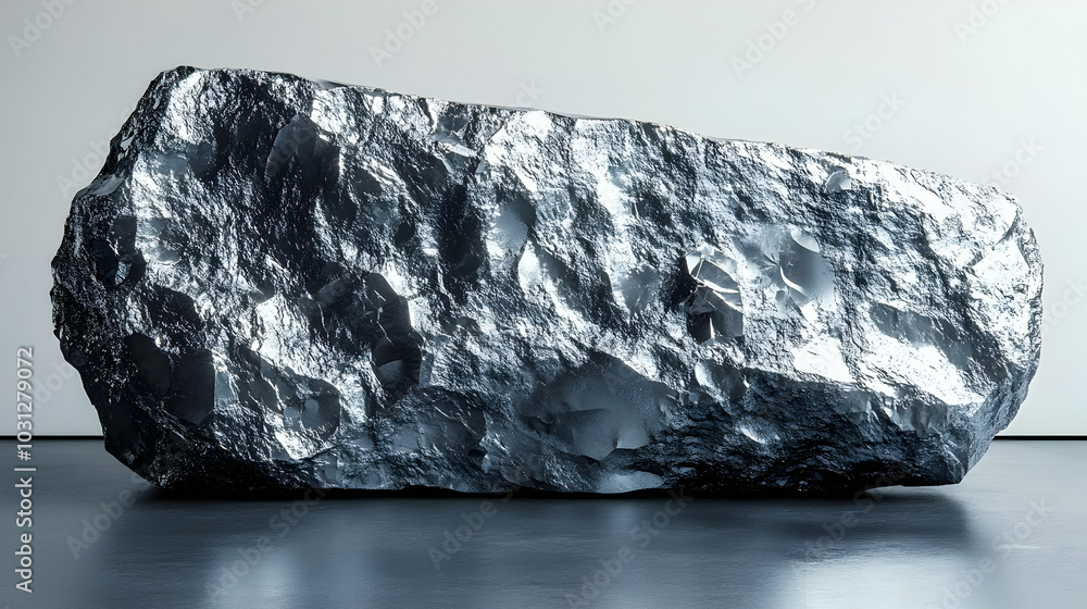 Poster a large, shiny metallic rock displayed in a minimalist space.