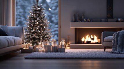 Cozy Christmas living room with tree and fireplace glow