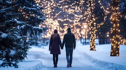 Romantic winter stroll under twinkling lights