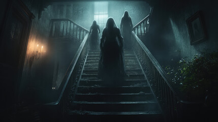 A ghostly family, standing at the top of a grand staircase in a haunted house, their figures glowing faintly in the dim light, their eyes hollow and faces emotionless.
