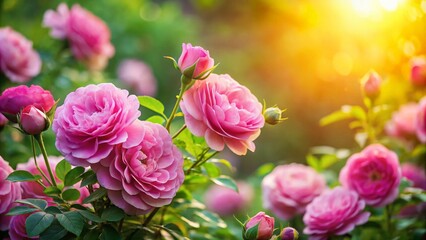 Blooming Pink Garden Roses in Spring - Vibrant Floral Beauty