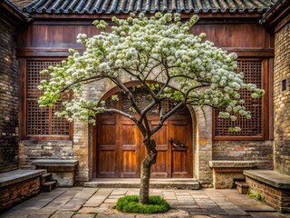 Fototapeta premium Blooming Pear Tree in Front of Traditional Chinese Courtyard Door - Urban Exploration Photography