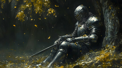Fototapeta premium A weary knight resting against a tree in a serene, autumn setting.