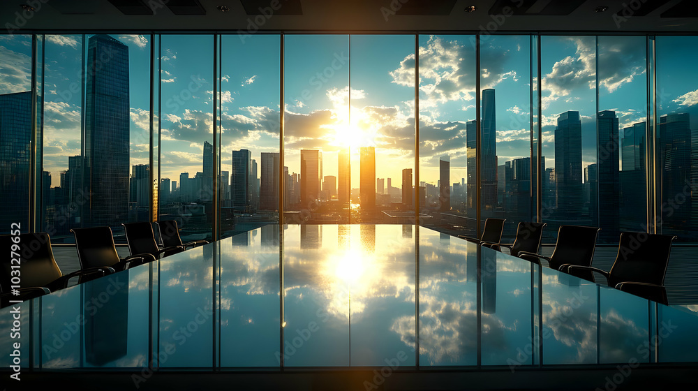 Wall mural Modern conference room with a city skyline and sunset view.